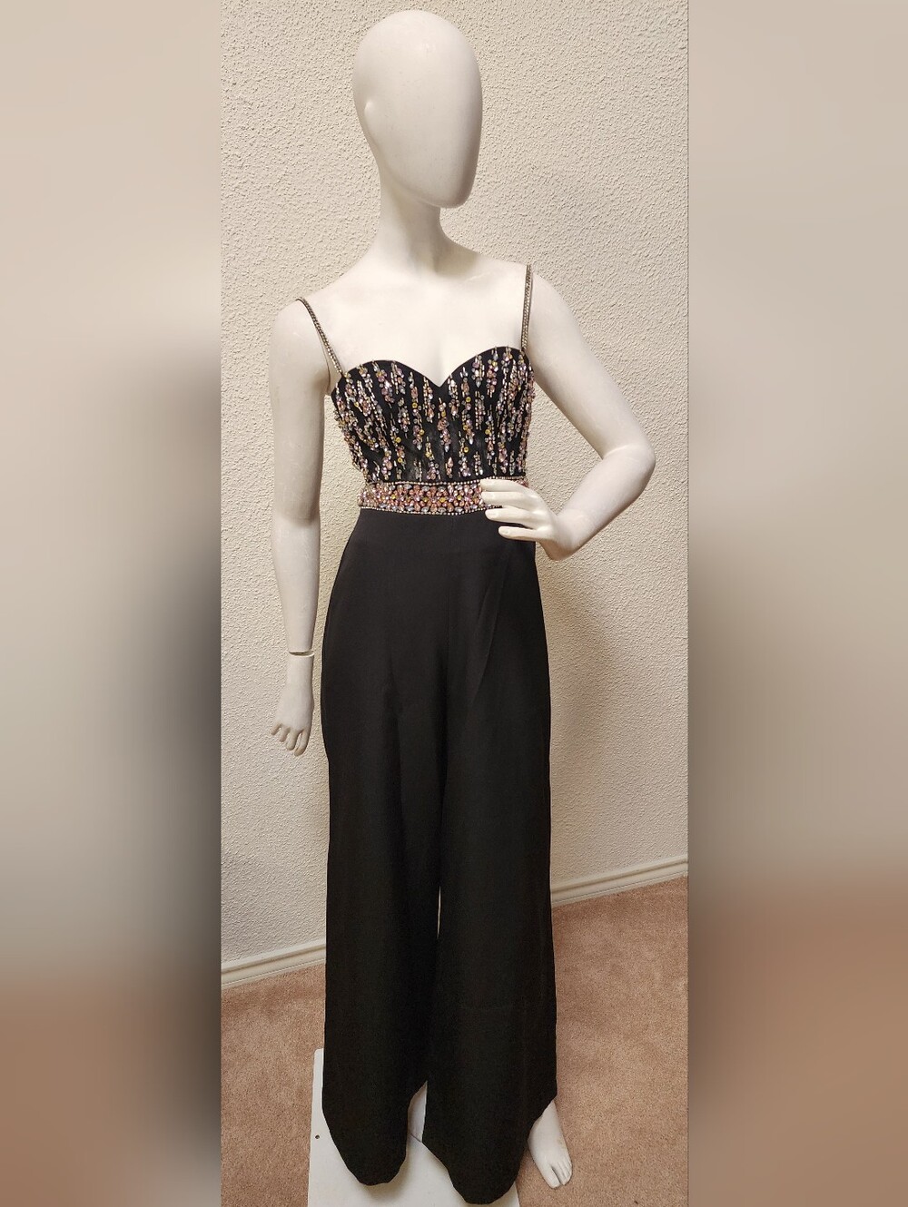Mac Duggal Black Jumpsuit with Multicolor Beaded Bodice Size XS